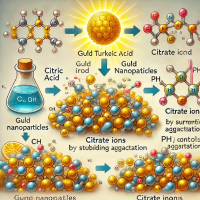 Here is a detailed scientific illustration showing the role of citric acid in the synthesis of gold nanoparticles using the Turkevich method. The image visually represents the reduction of gold ions by citric acid, the formation of gold nanoparticles, and the stabilization provided by citrate ions. Each step is clearly labeled, providing an easy-to-understand visual explanation of the process. This image is a perfect addition to the web page content, helping to clarify the roles of citric acid in gold nanoparticle synthesis.